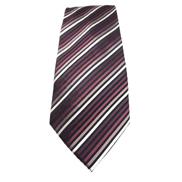 Roberto Villini Collezione Striped Silk Mens Tie Black Burgundy White Stripe Des - Picture 1 of 10